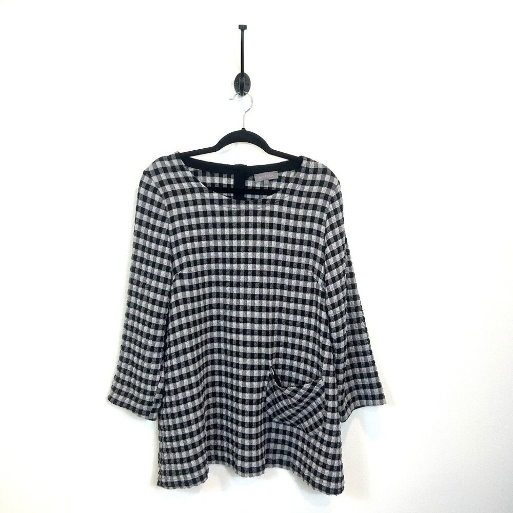 Sahara Size 3 US 10-12 Gingham Check Crinkle Womens Lagenlook‎ Top Black White